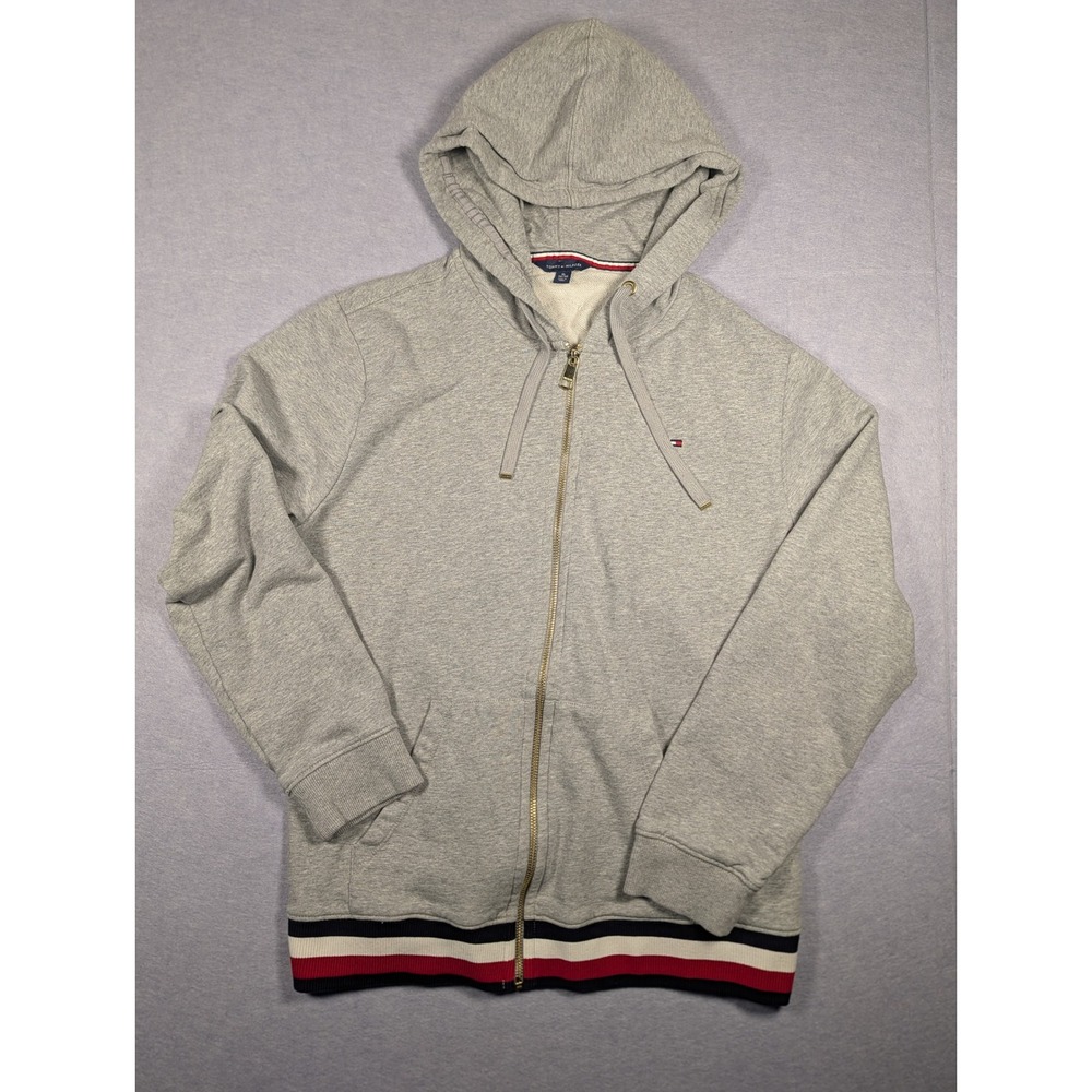 Tommy Hilfiger Zip Hoodie Womens XL Gray Striped Hem French Terry Excellent